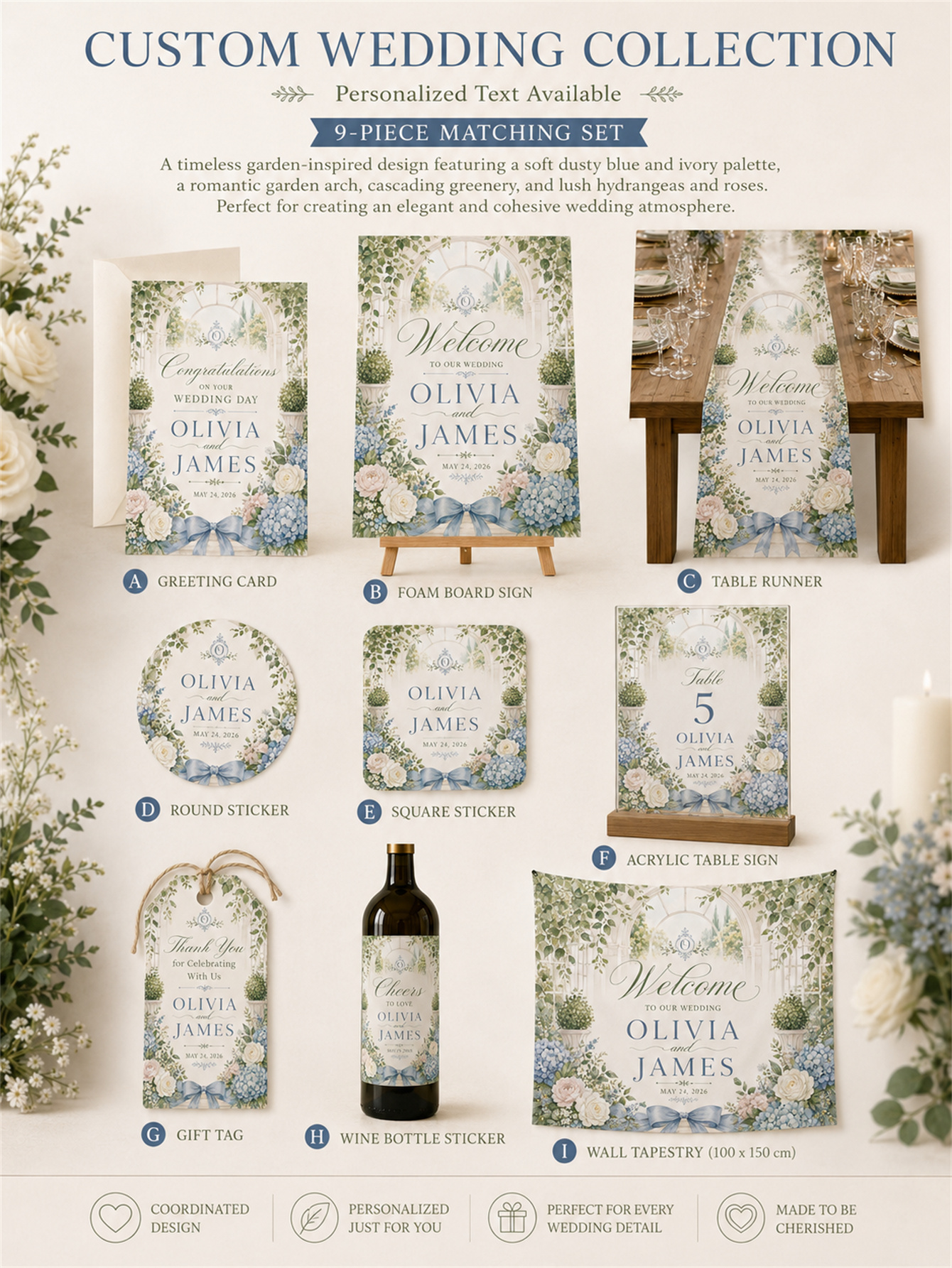 Gray-blue and romantic wedding decorations - garden arch design - custom names and dates
